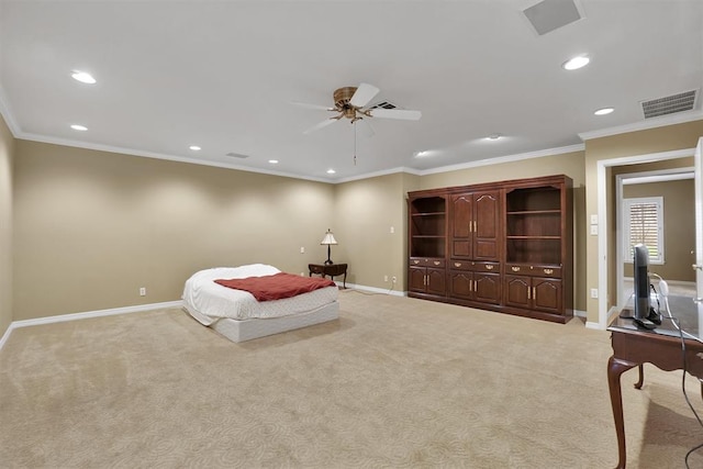 bedroom featuring light colored carpet, ceiling fan, and ornamental molding