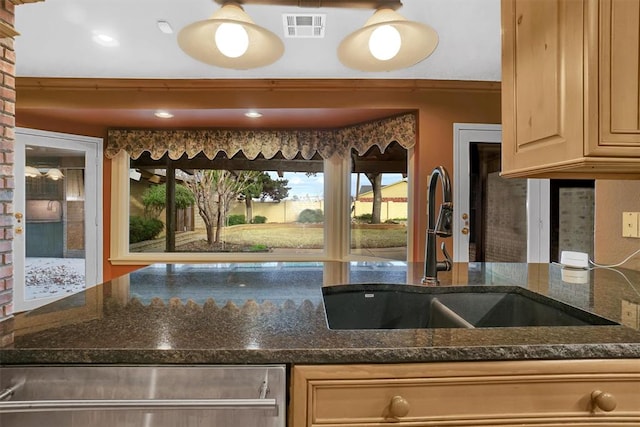 kitchen with plenty of natural light, sink, and dark stone counters