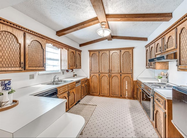 kitchen with a textured ceiling, stainless steel appliances, light colored carpet, sink, and vaulted ceiling with beams