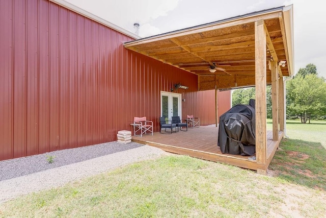 view of patio / terrace featuring ceiling fan, area for grilling, a deck, and french doors