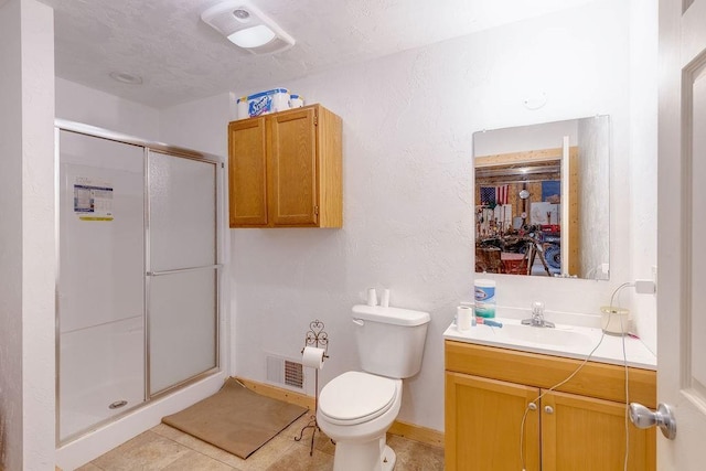 bathroom with tile patterned floors, vanity, toilet, and walk in shower