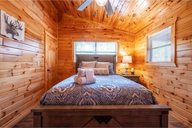 bedroom with wood walls, ceiling fan, wooden ceiling, and lofted ceiling