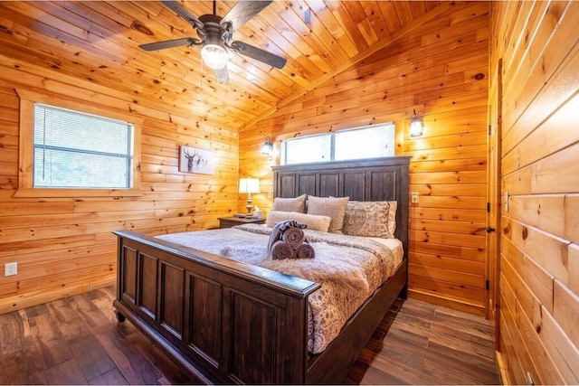 bedroom featuring ceiling fan, dark wood-type flooring, wooden ceiling, lofted ceiling, and wood walls