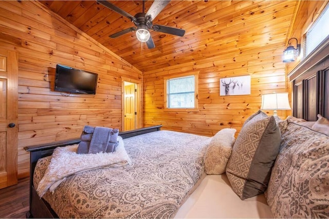 bedroom featuring ceiling fan, lofted ceiling, wooden walls, and wooden ceiling