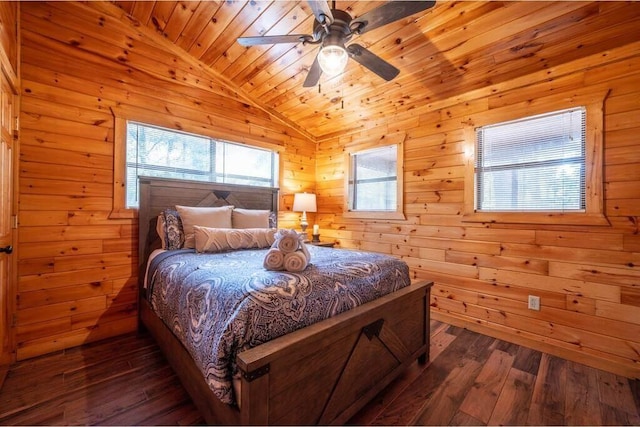 bedroom featuring ceiling fan, dark hardwood / wood-style floors, wood ceiling, and wooden walls