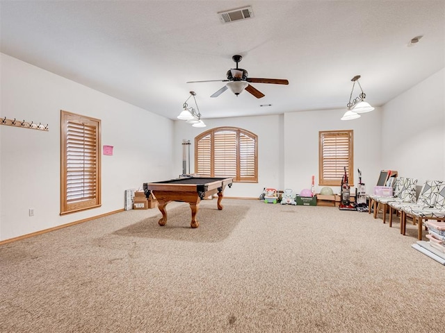 recreation room featuring ceiling fan, carpet floors, and billiards