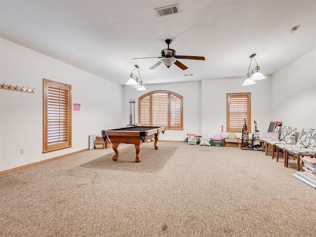 1419 W Royal Oaks Rd, Pauls Valley, OK 73075 - recreation room featuring carpet floors, billiards table, healthy amount of natural light, and a ceiling fan