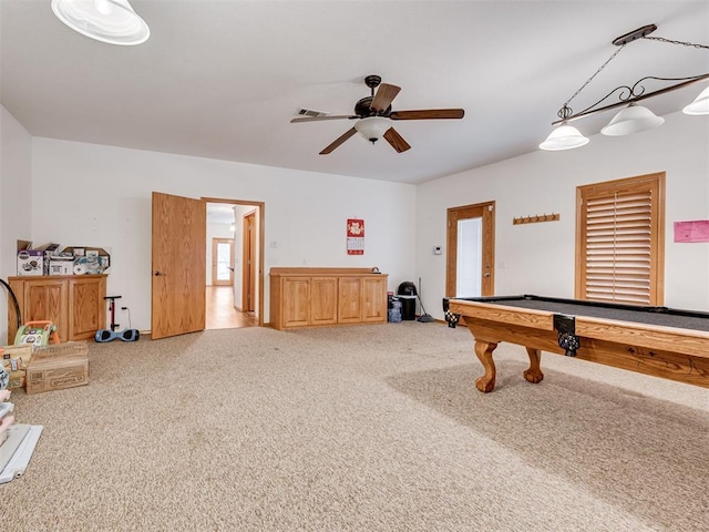 1419 W Royal Oaks Rd, Pauls Valley, OK 73075 - rec room featuring billiards table, ceiling fan, and carpet floors