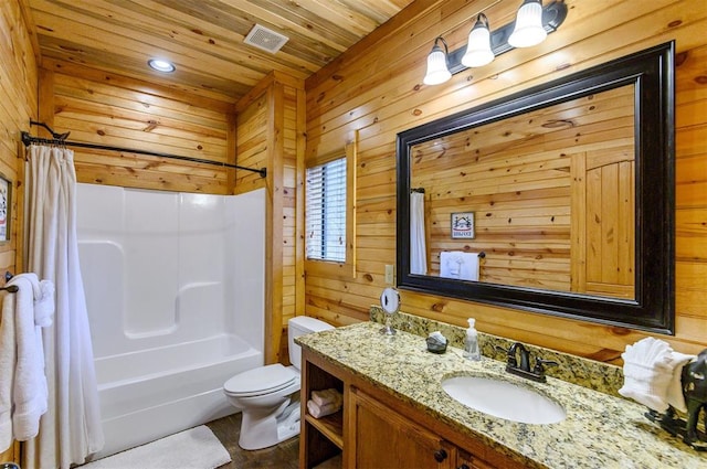 full bathroom featuring shower / bath combo, wood walls, toilet, and wooden ceiling