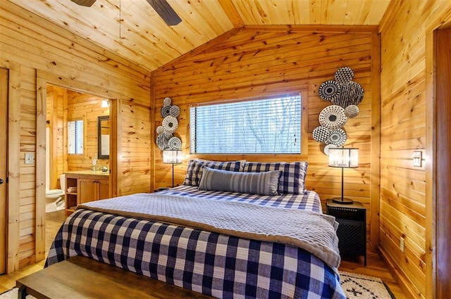 bedroom featuring wooden walls, wooden ceiling, multiple windows, and lofted ceiling