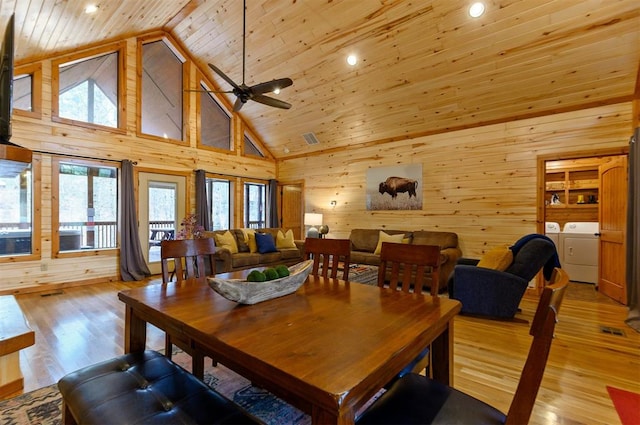 dining area featuring high vaulted ceiling, wooden walls, ceiling fan, light wood-type flooring, and wood ceiling