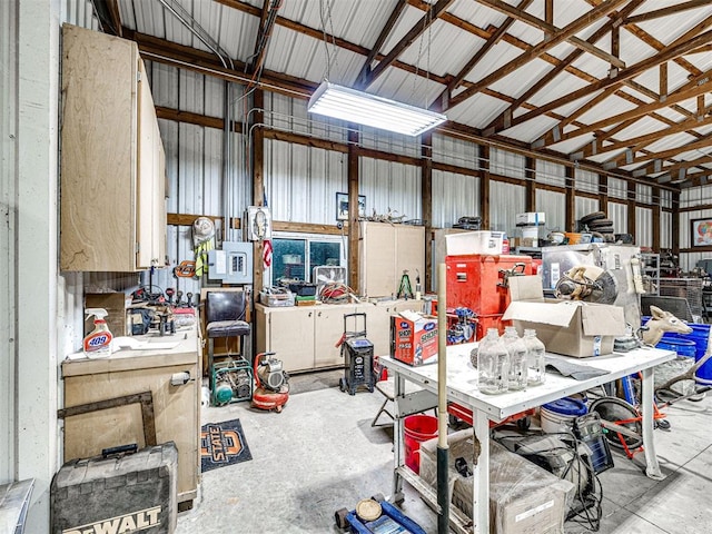 garage with a workshop area