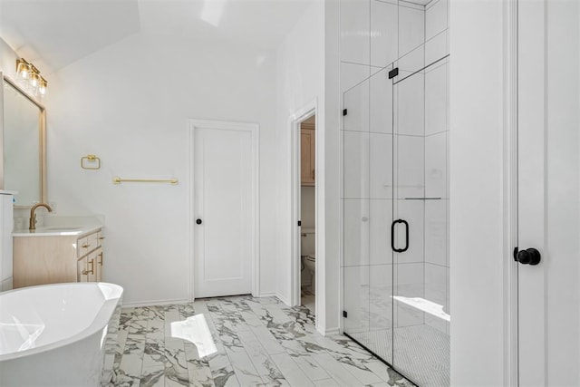 full bathroom with toilet, vanity, separate shower and tub, and lofted ceiling