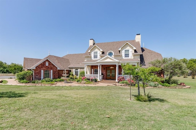 view of front of house with covered porch and a front yard