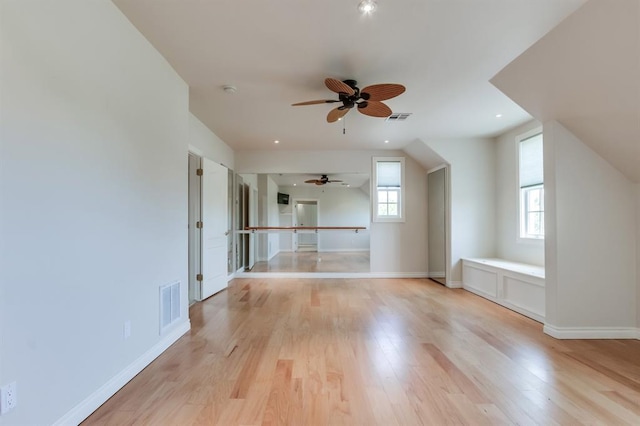 interior space featuring ceiling fan and light wood-type flooring