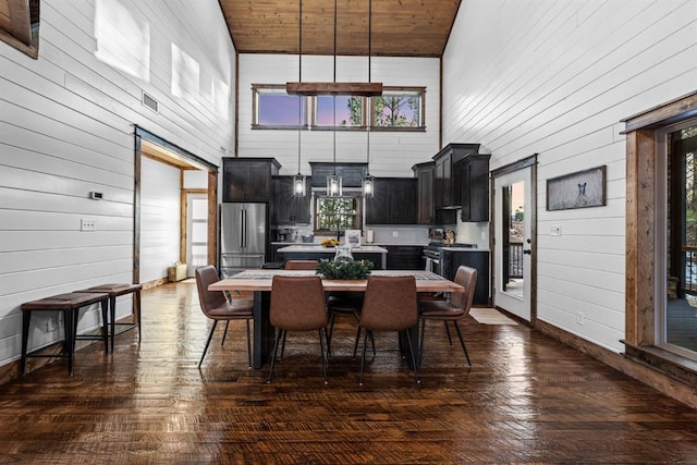 dining area with high vaulted ceiling, dark hardwood / wood-style floors, wood walls, and wooden ceiling