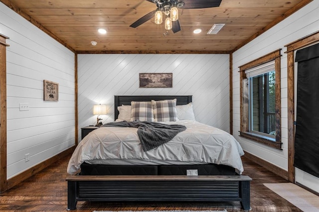 bedroom featuring dark wood-type flooring, ceiling fan, wood ceiling, and wooden walls