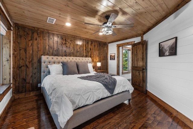 bedroom featuring ceiling fan, wood ceiling, wood walls, and dark wood-type flooring