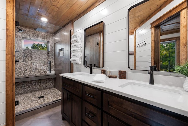 bathroom featuring plenty of natural light, tile patterned floors, tiled shower, and wooden ceiling