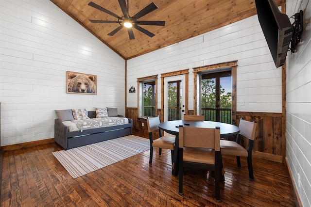 dining area featuring wood ceiling, dark hardwood / wood-style flooring, french doors, high vaulted ceiling, and ceiling fan