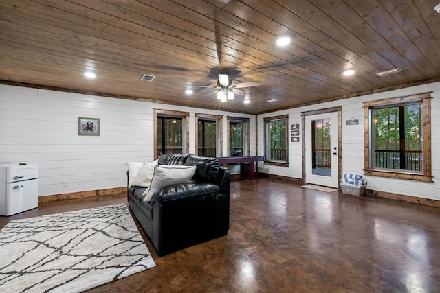 living room with wooden ceiling, wooden walls, and ceiling fan