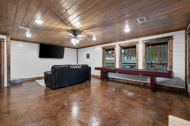 living room featuring ceiling fan, wood ceiling, and wooden walls