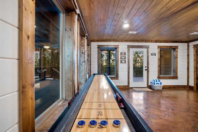 recreation room with a healthy amount of sunlight, wood ceiling, and wooden walls