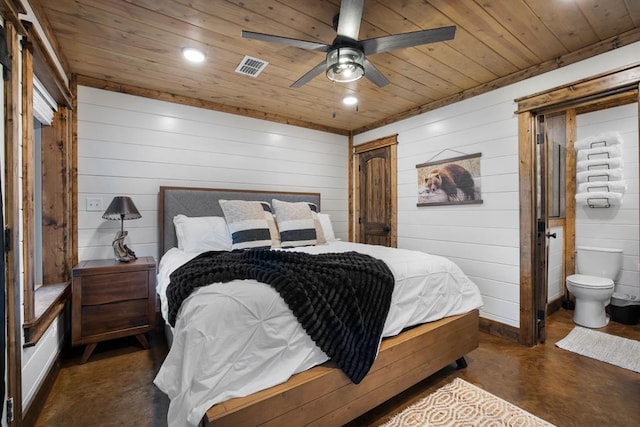 bedroom with ceiling fan, ensuite bathroom, wood walls, and wooden ceiling