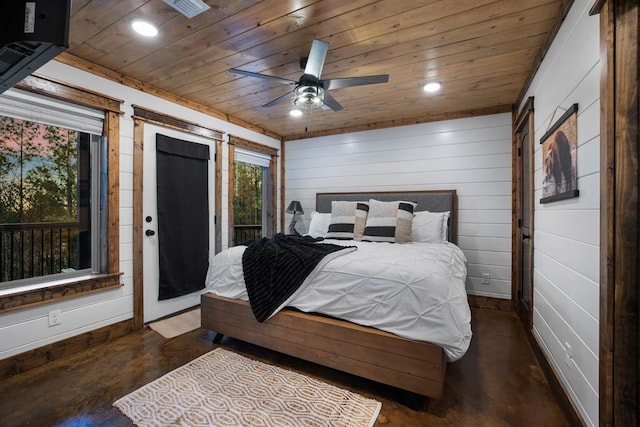 bedroom featuring ceiling fan, wood ceiling, and wood walls