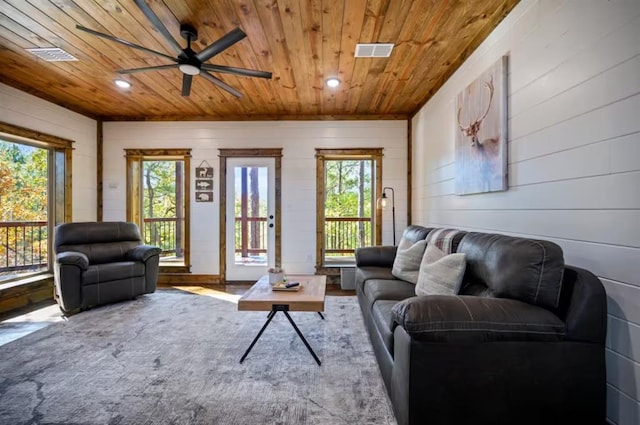 living room featuring wooden walls and wood ceiling