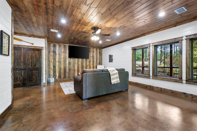 living room with wood walls, ceiling fan, and wood ceiling