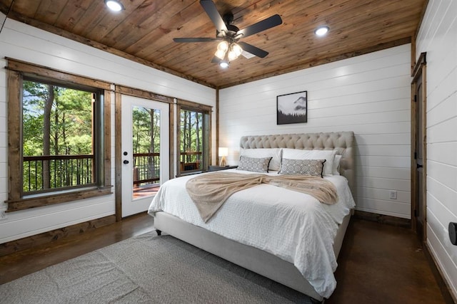 bedroom featuring access to outside, ceiling fan, and wooden ceiling