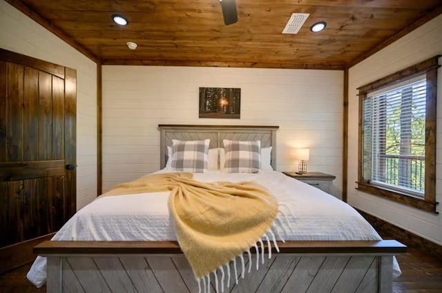 bedroom with ceiling fan, wood walls, wooden ceiling, and lofted ceiling