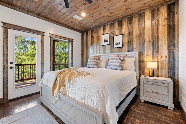 bedroom featuring access to exterior, wood ceiling, ceiling fan, dark wood-type flooring, and wooden walls