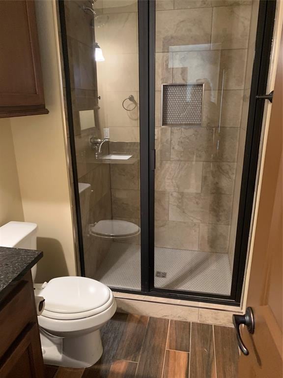 bathroom featuring vanity, toilet, and an enclosed shower