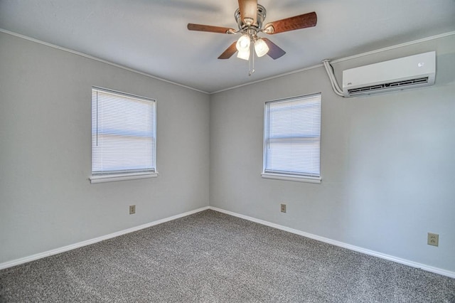 unfurnished room with ceiling fan, carpet, and a wall mounted air conditioner