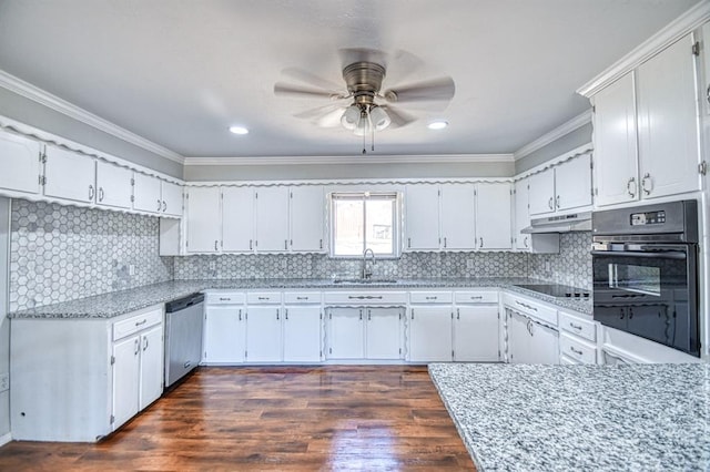 kitchen with black appliances, white cabinets, sink, dark hardwood / wood-style floors, and ornamental molding