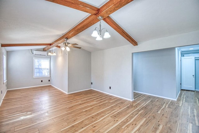 unfurnished living room with light hardwood / wood-style flooring, ceiling fan with notable chandelier, lofted ceiling with beams, and a wall mounted air conditioner