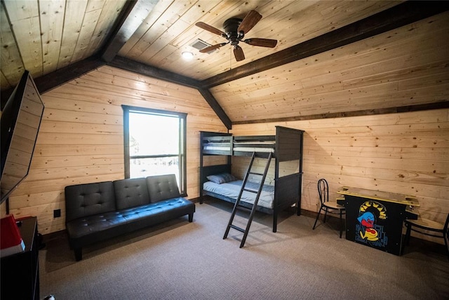 bedroom with vaulted ceiling with beams, carpet floors, wood walls, and wooden ceiling