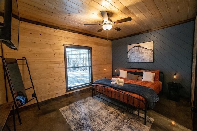 bedroom featuring ceiling fan, wood walls, and wooden ceiling