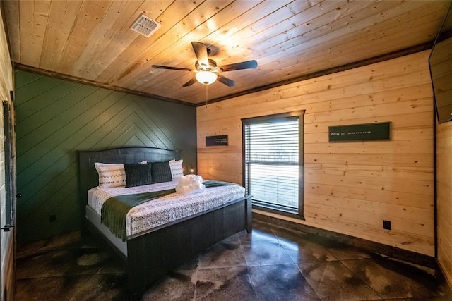 bedroom featuring wooden walls, wooden ceiling, and ceiling fan