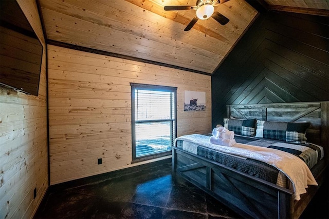 unfurnished bedroom featuring lofted ceiling, ceiling fan, wooden ceiling, and wood walls