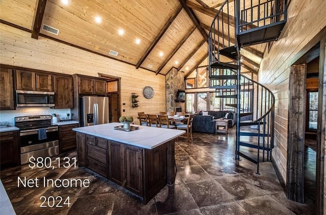 kitchen with appliances with stainless steel finishes, a kitchen island, wood walls, and wood ceiling