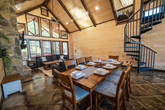 dining space featuring high vaulted ceiling, beamed ceiling, wooden ceiling, and wood walls