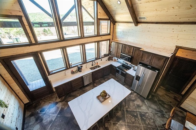 kitchen featuring stainless steel appliances, a skylight, wood ceiling, wood walls, and beamed ceiling