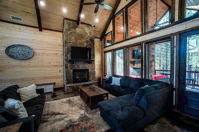 living room with a fireplace, wood ceiling, ceiling fan, beamed ceiling, and wooden walls