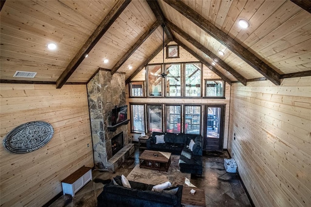 living room with a stone fireplace, high vaulted ceiling, wood ceiling, wood walls, and beamed ceiling