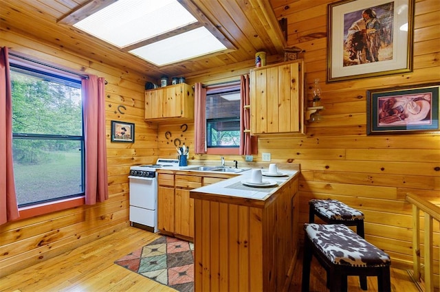 kitchen featuring white range oven, kitchen peninsula, sink, and a wealth of natural light