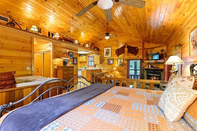 bedroom with wood walls, wooden ceiling, and lofted ceiling