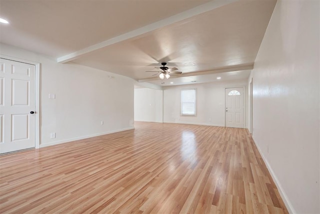 unfurnished living room featuring ceiling fan and light hardwood / wood-style flooring